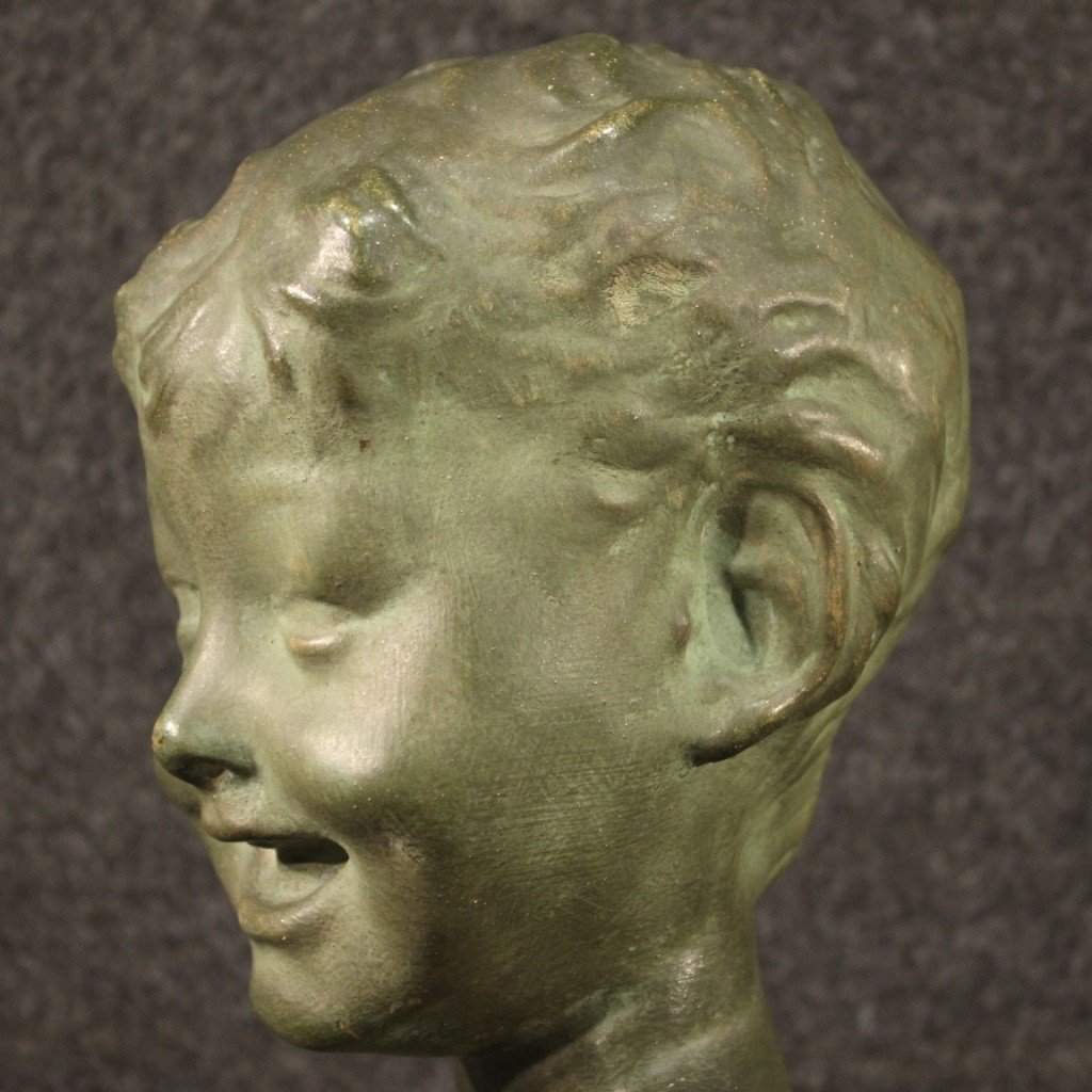 Sculpture En Terre Cuite Peinte En Couleur Bronze Buste d'Enfant -photo-8