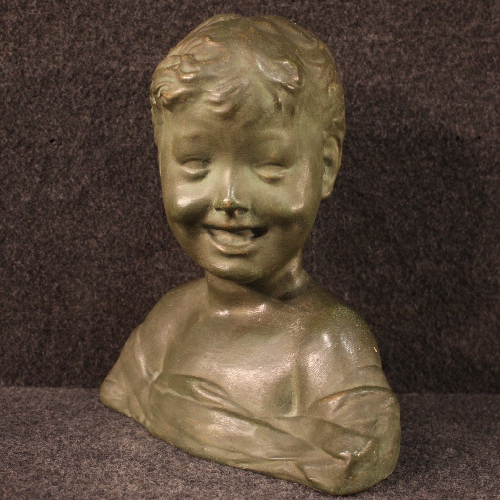 Sculpture En Terre Cuite Peinte En Couleur Bronze Buste d'Enfant 