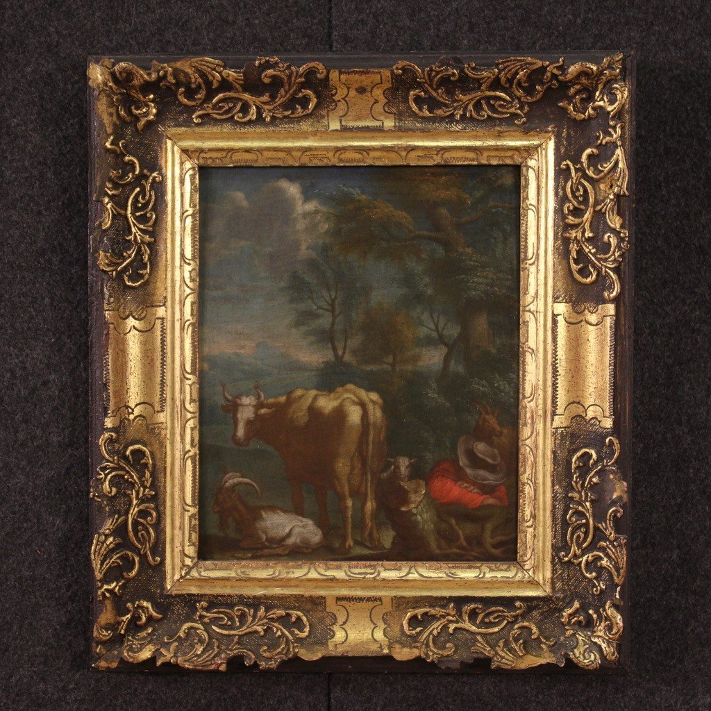 Antique Flemish Painting, Pastoral Landscape From The 18th Century-photo-2