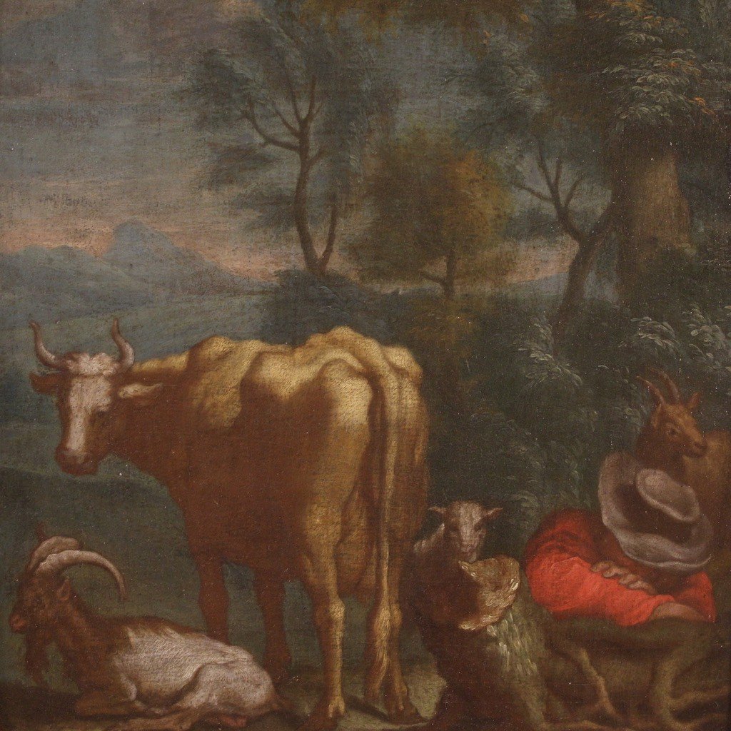 Antique Flemish Painting, Pastoral Landscape From The 18th Century-photo-3