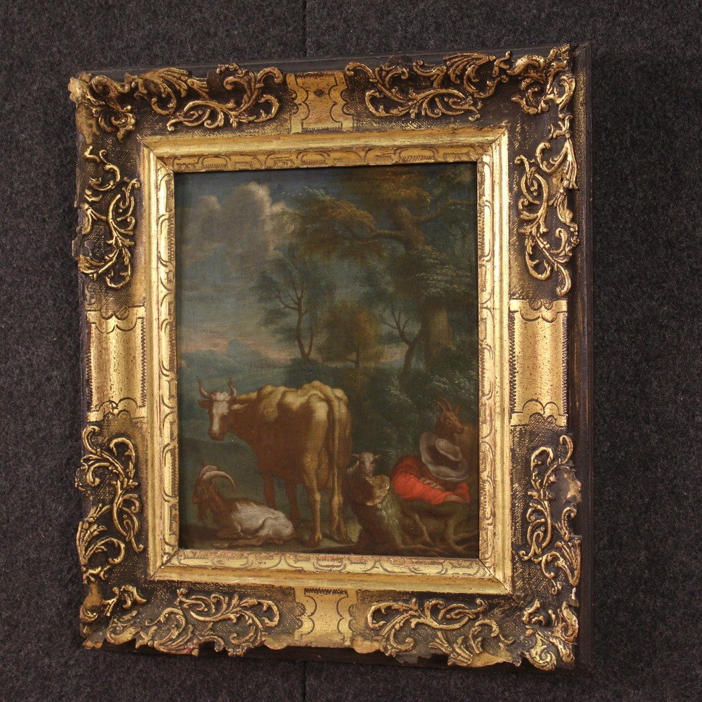 Antique Flemish Painting, Pastoral Landscape From The 18th Century-photo-2