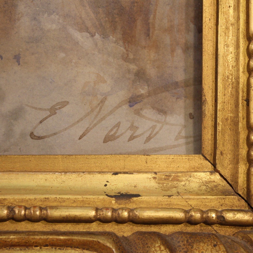 Italian Painting Signed Watercolor From The 20th Century-photo-4