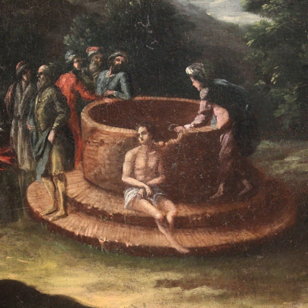 Ancien Tableau Ovale Du 18ème Siècle Joseph Au Puits-photo-5
