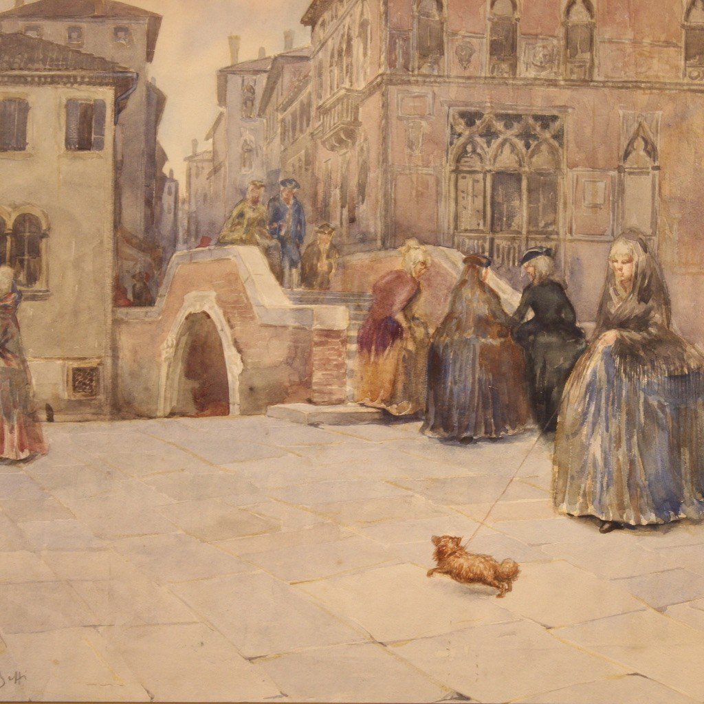 Aquarelle Italienne Signée A. Corsetti, Vue De Venise-photo-3