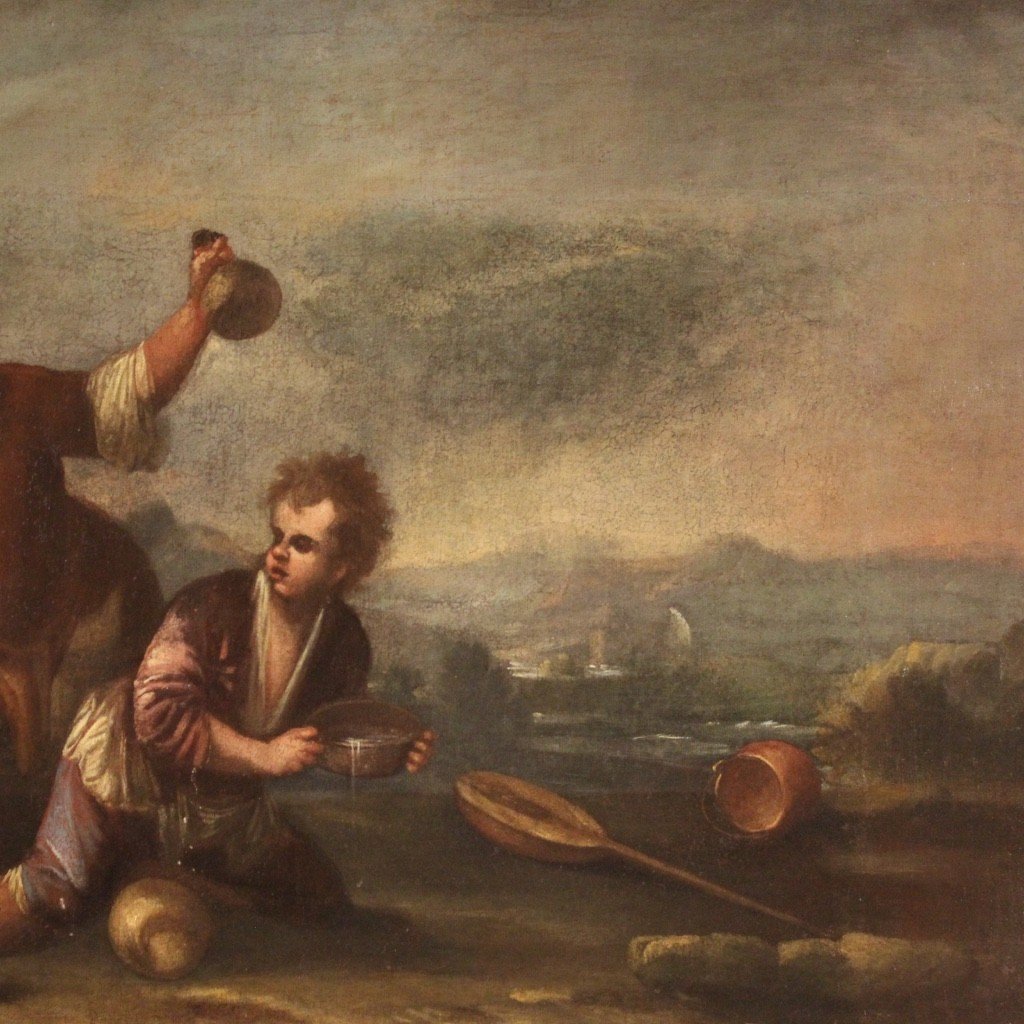Tableau Huile Sur Toile Paysage Avec Des Enfants Du 18ème Siècle-photo-3