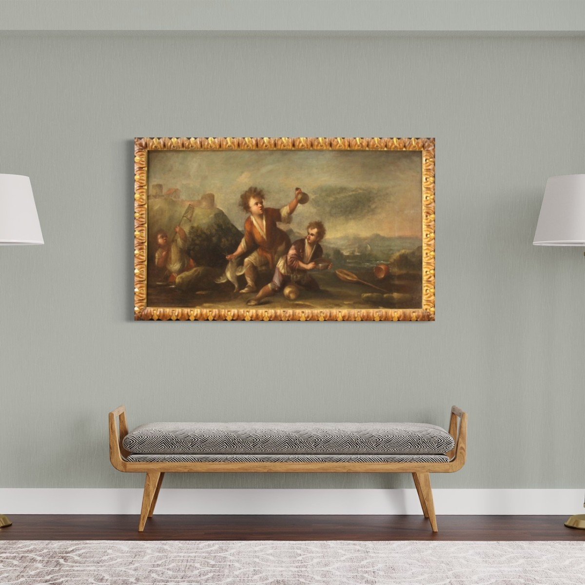 Tableau Huile Sur Toile Paysage Avec Des Enfants Du 18ème Siècle