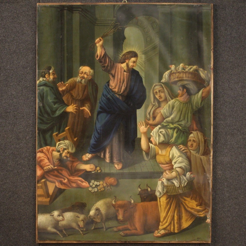 Religious Painting Oil On Copper Expulsion Of Merchants From The Temple