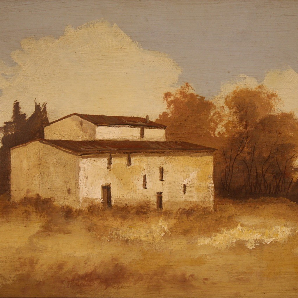 Signed Painting Landscape With A Small House From The 20th Century-photo-3