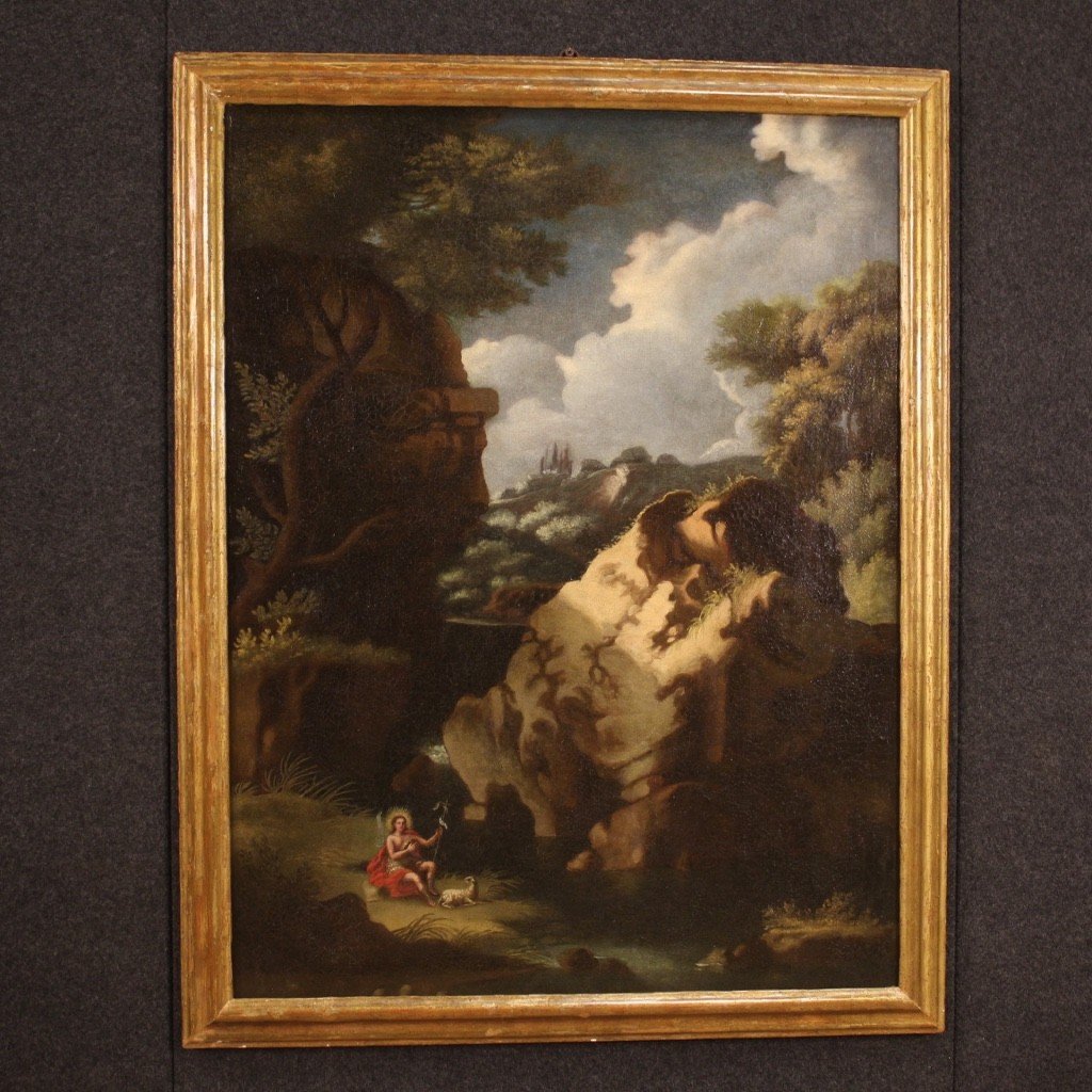Tableau Paysage Boisé Avec Saint Jean-baptiste Du 18ème Siècle-photo-4