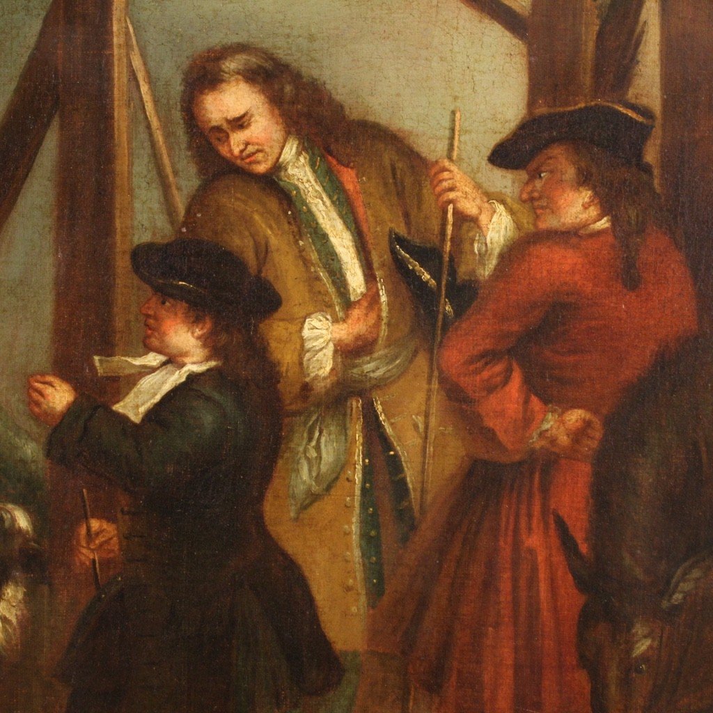 Tableau Anglais Huile Sur Toile Scène De Genre Du 18ème Siècle-photo-3