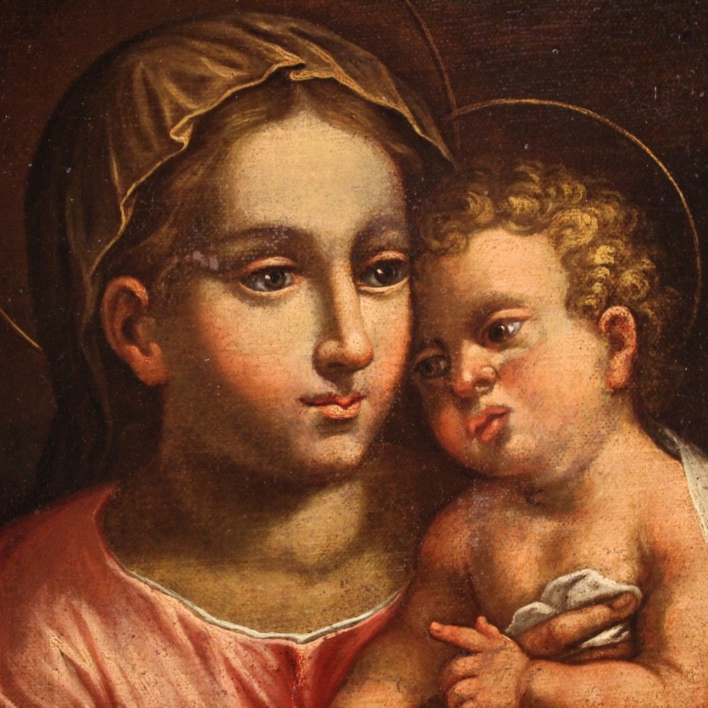 Antique Religious Painting Virgin With Child From 17th Century-photo-5