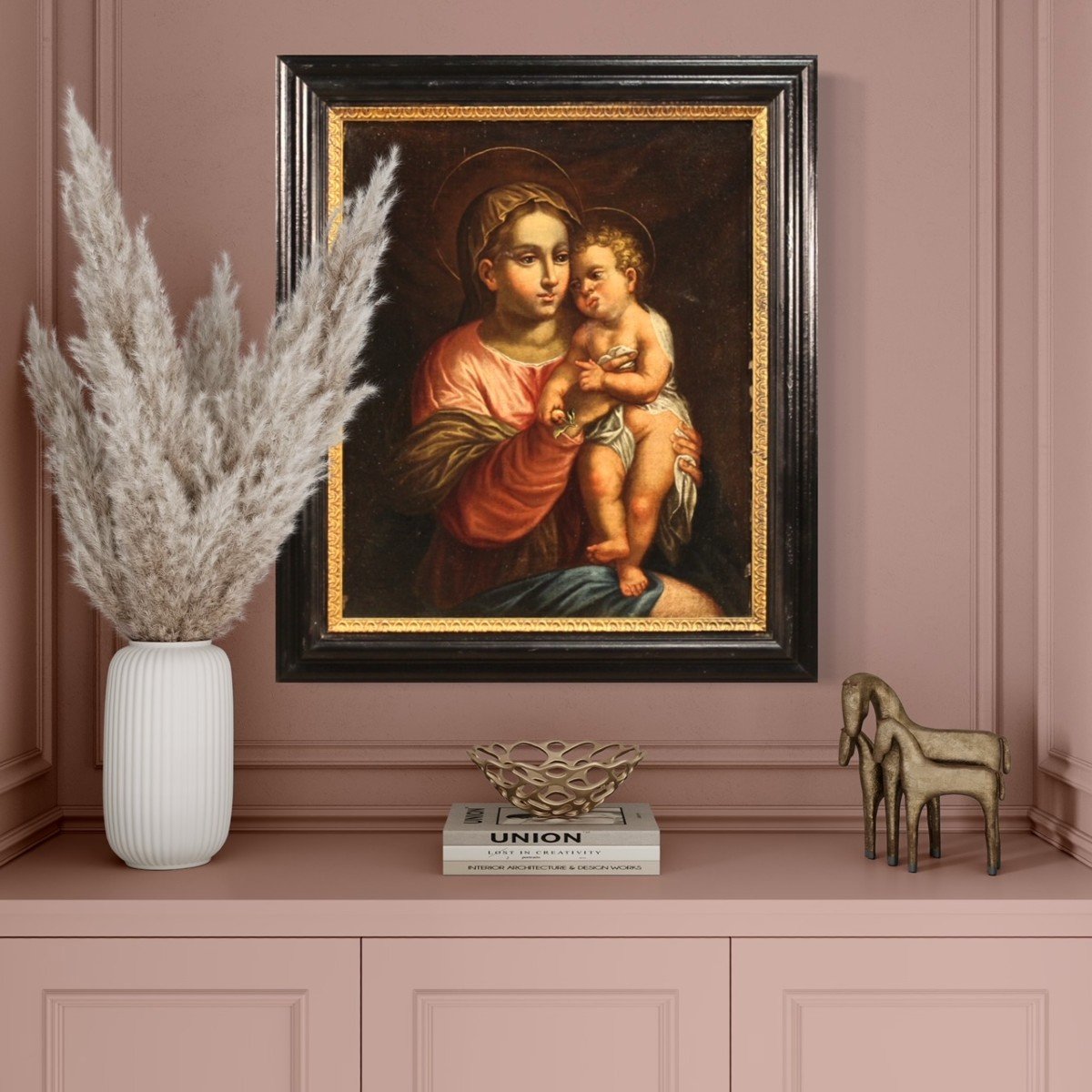 Antique Religious Painting Virgin With Child From 17th Century