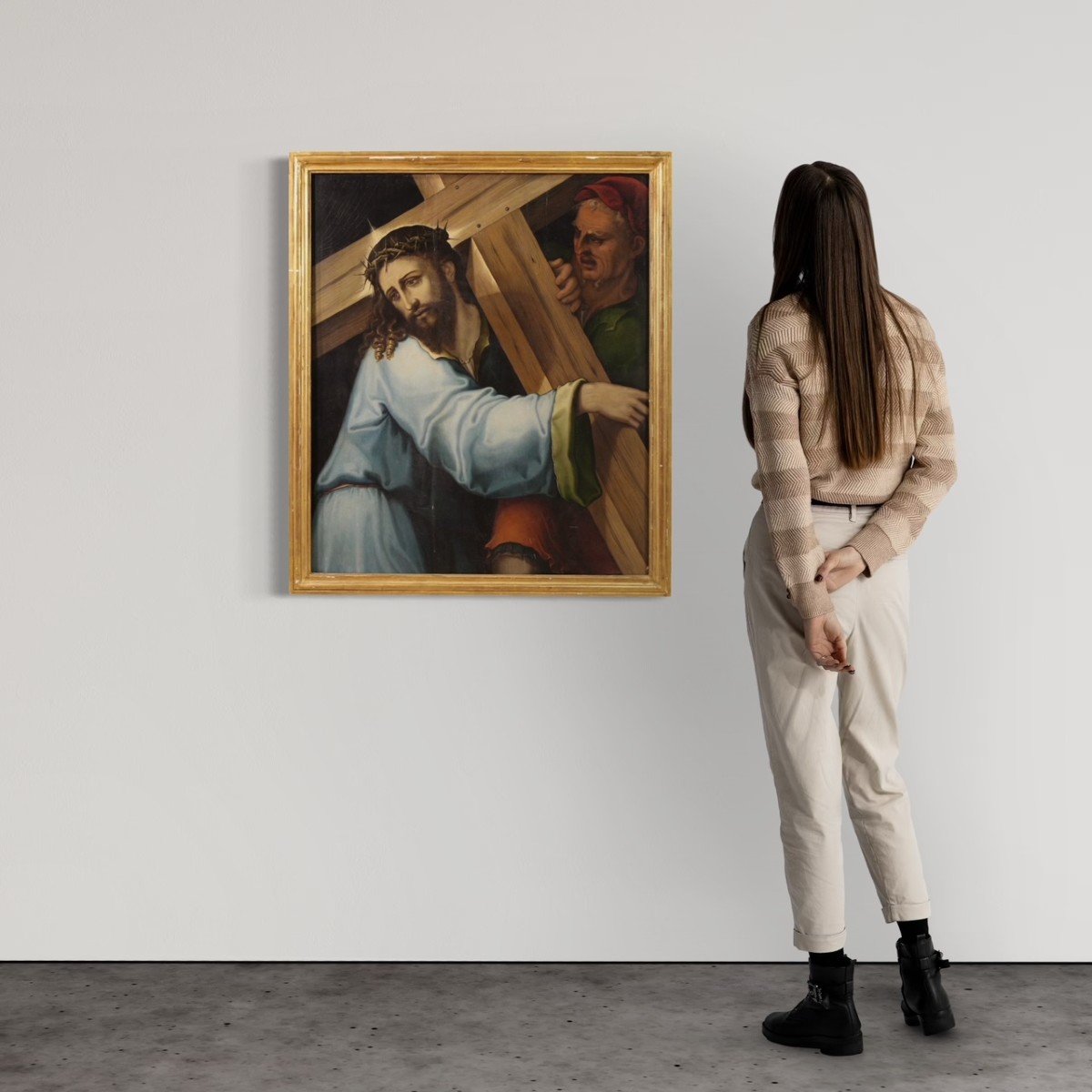 Grand Tableau Sur Panneau Du 17ème Siècle, Le Christ Portant La Croix-photo-2