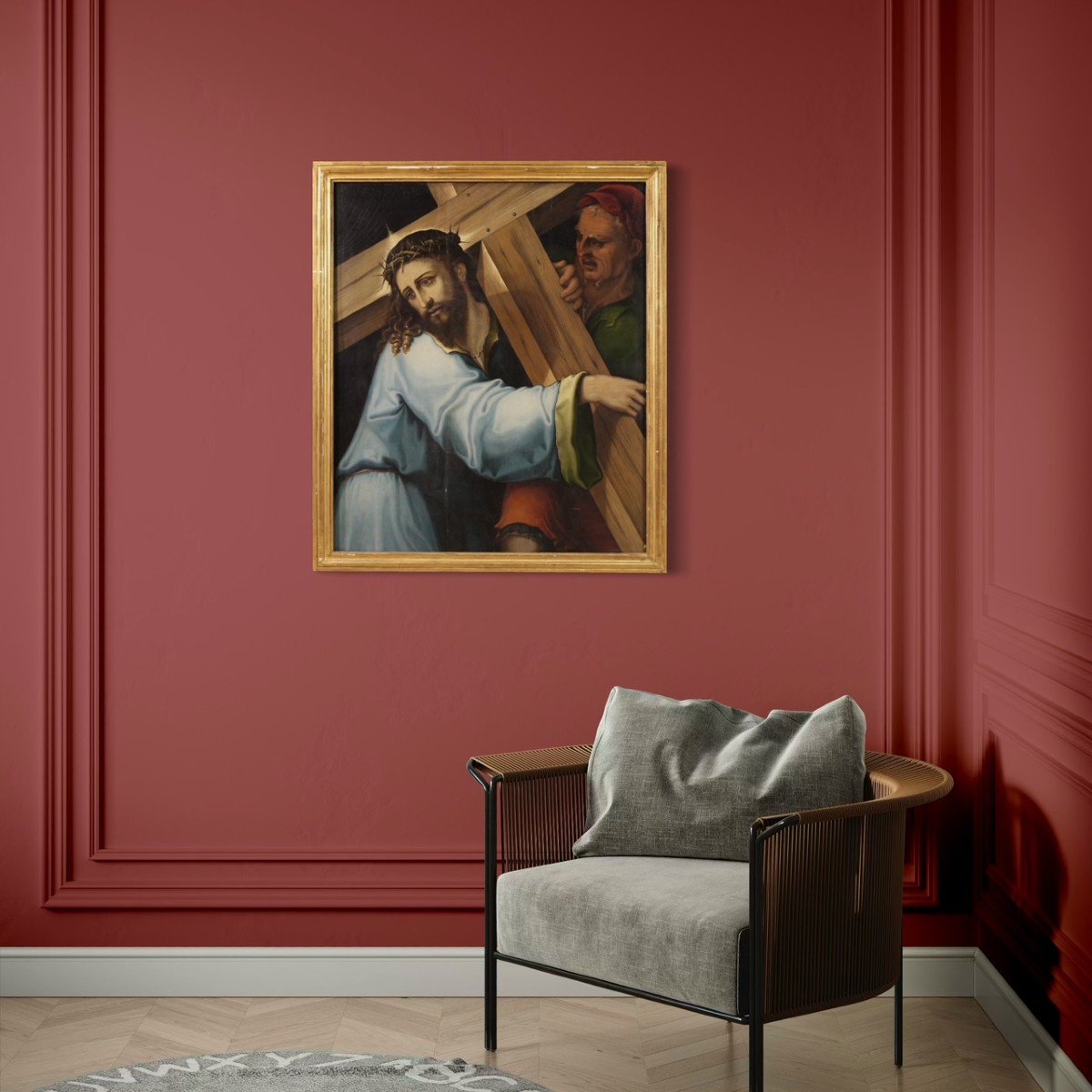 Grand Tableau Sur Panneau Du 17ème Siècle, Le Christ Portant La Croix-photo-3