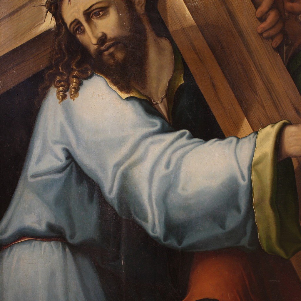 Grand Tableau Sur Panneau Du 17ème Siècle, Le Christ Portant La Croix-photo-4