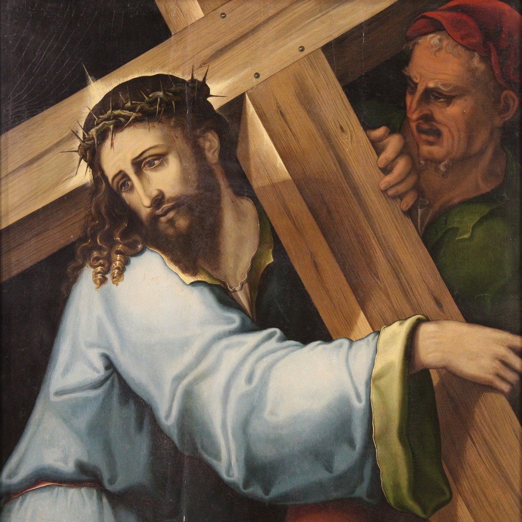 Grand Tableau Sur Panneau Du 17ème Siècle, Le Christ Portant La Croix-photo-1