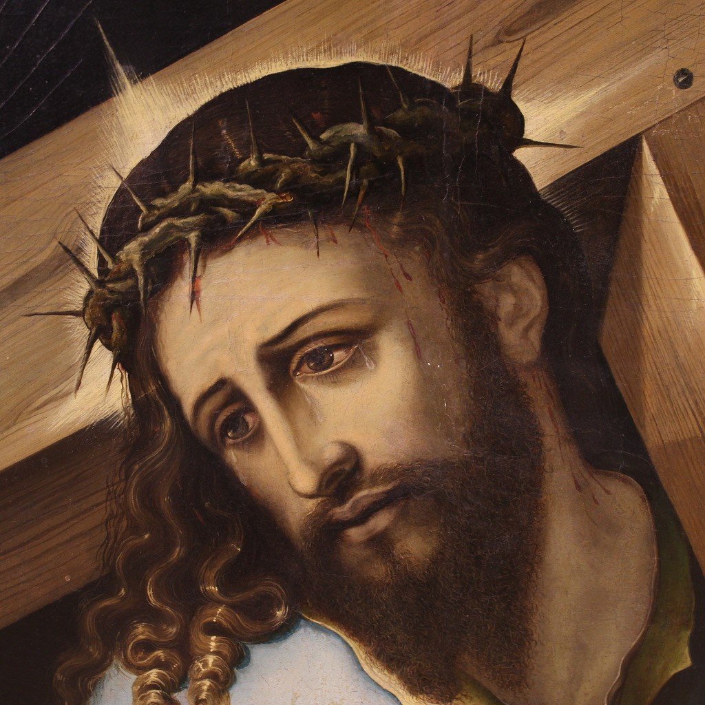 Grand Tableau Sur Panneau Du 17ème Siècle, Le Christ Portant La Croix-photo-3