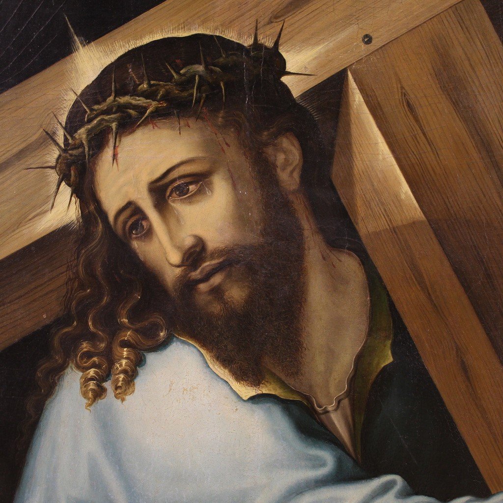 Grand Tableau Sur Panneau Du 17ème Siècle, Le Christ Portant La Croix-photo-6