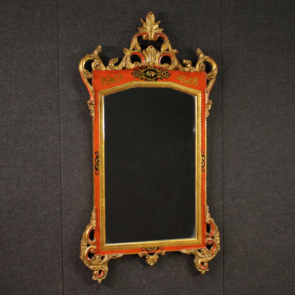 Miroir Toscan Laqué Et Doré Du 20ème Siècle