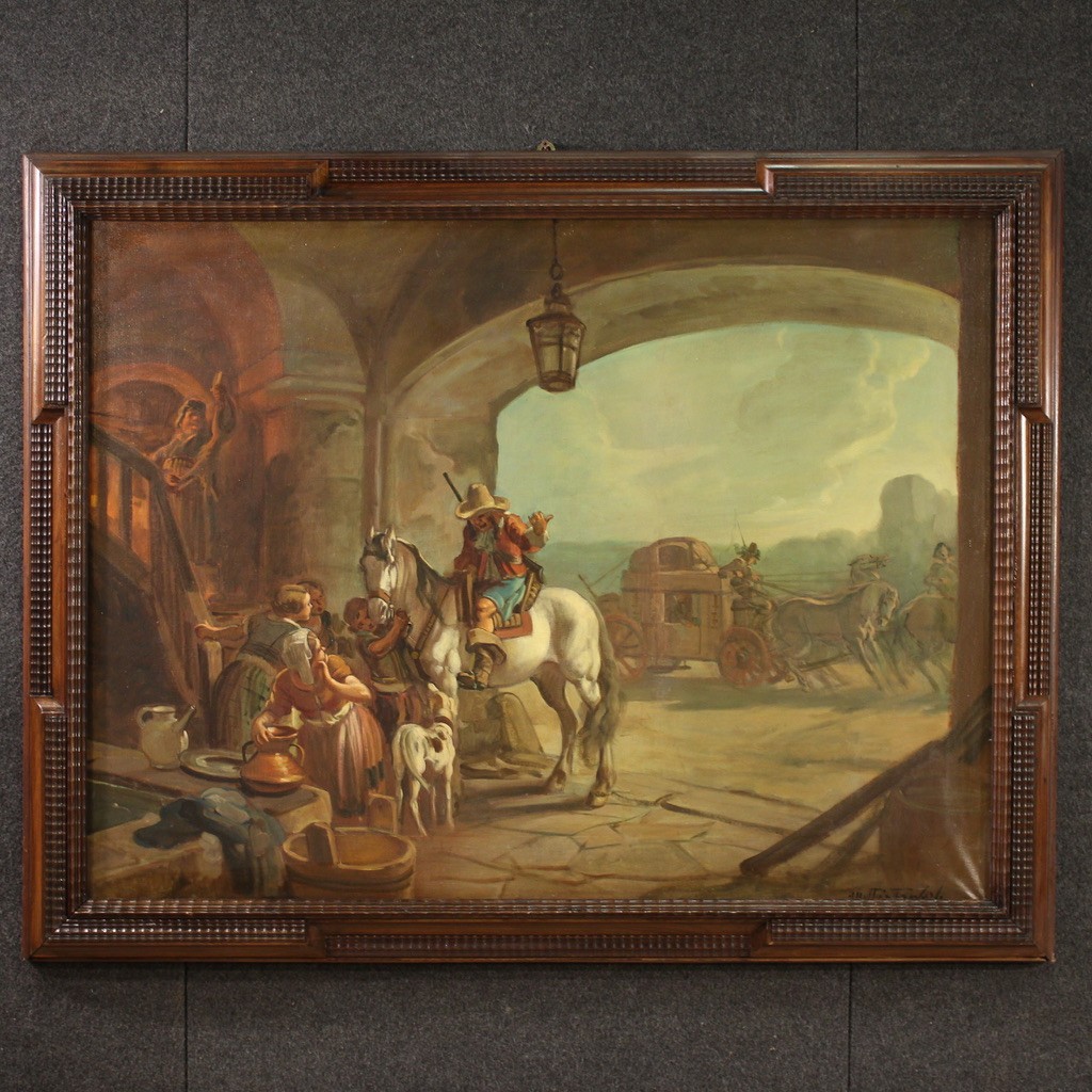 Tableau Italien Signé Mattia Traverso, Scène De Genre