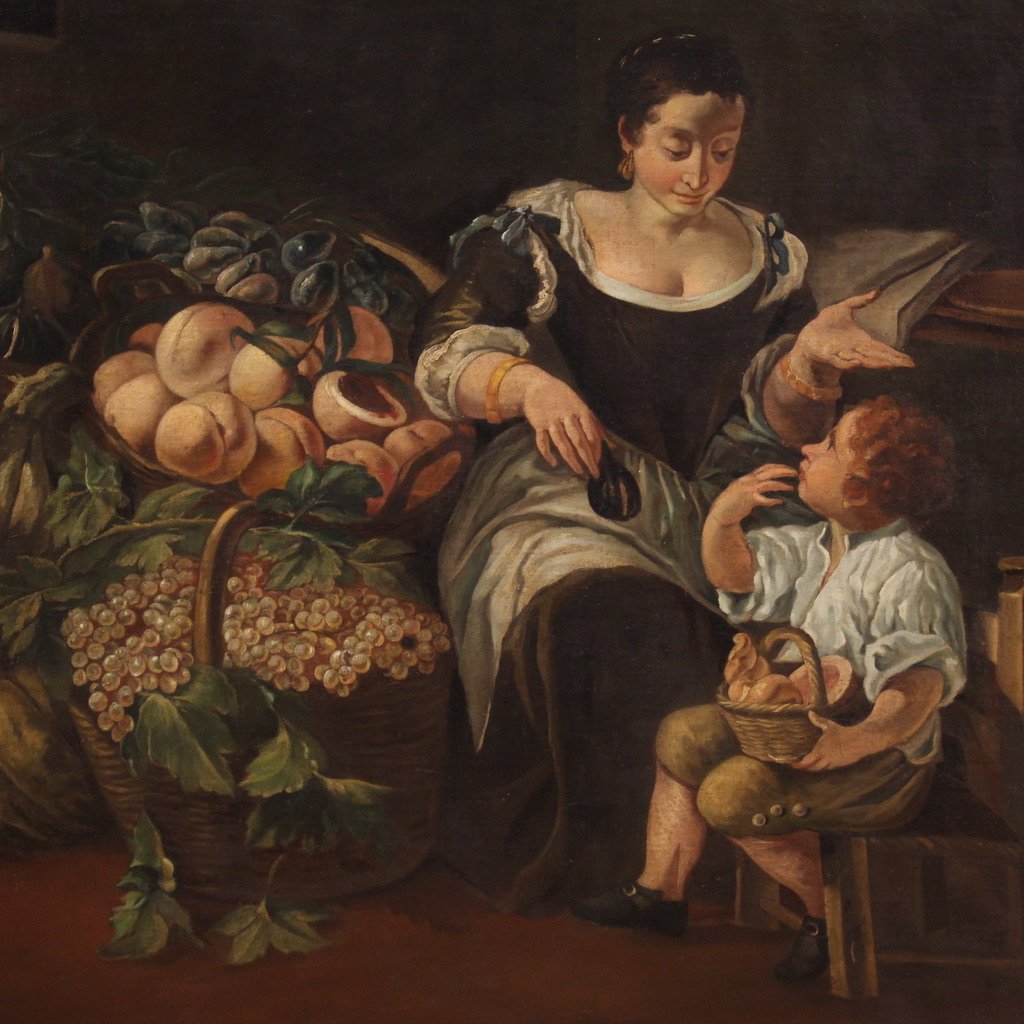 Great Italian Painting From The 18th Century, Genre Scene With Still Life-photo-3