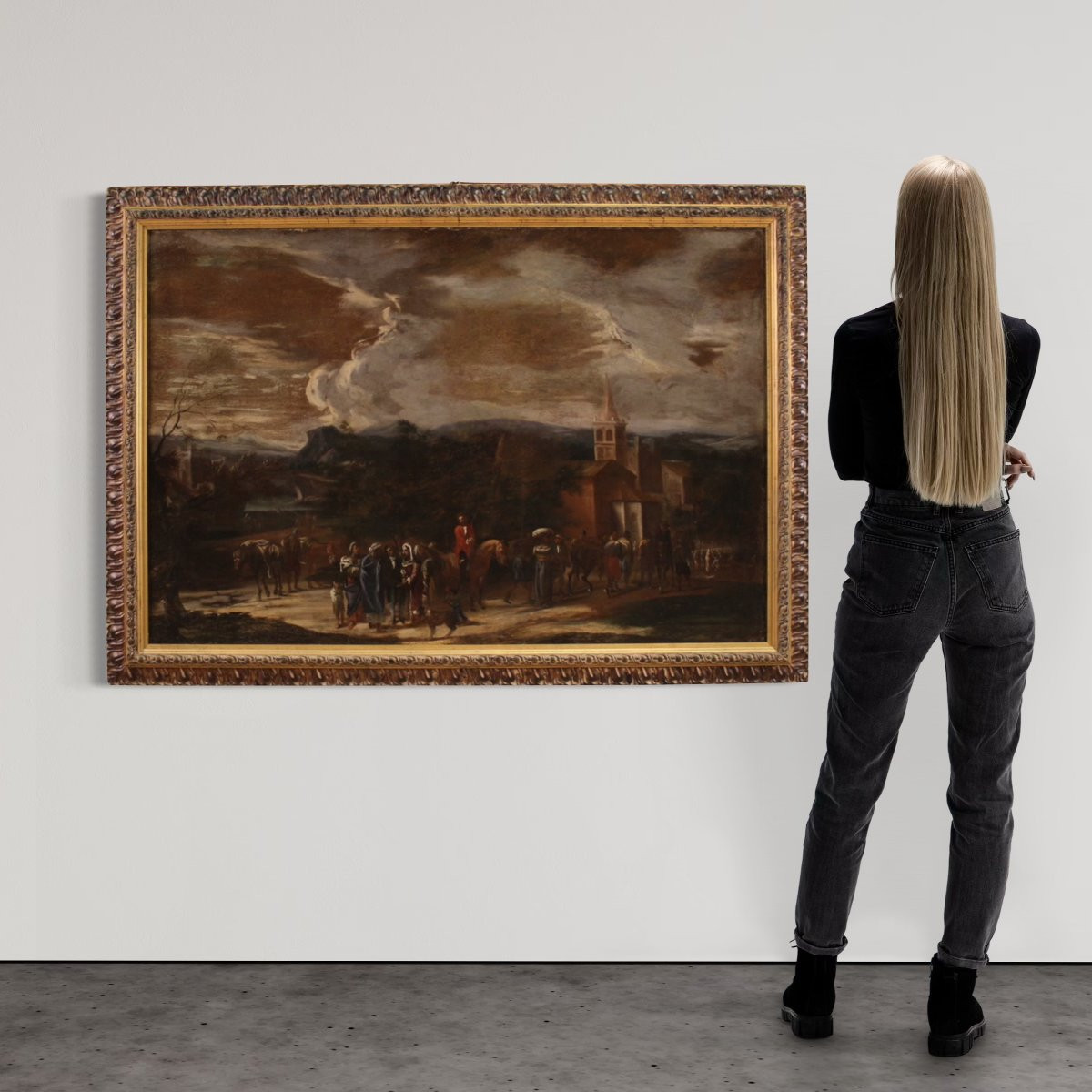 Grand Tableau De Paysage Italien Avec Personnages Du 18ème Siècle-photo-2