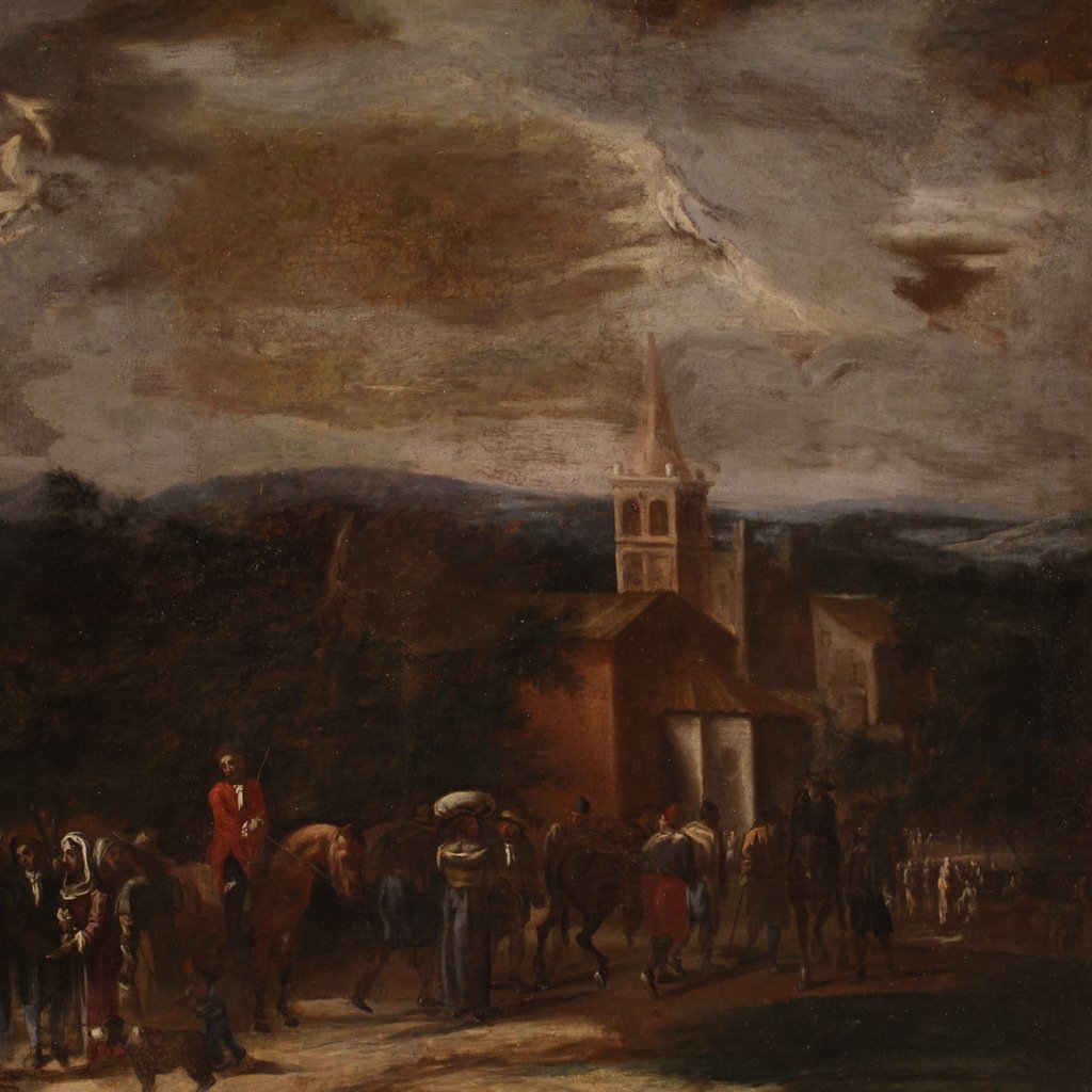 Grand Tableau De Paysage Italien Avec Personnages Du 18ème Siècle-photo-3