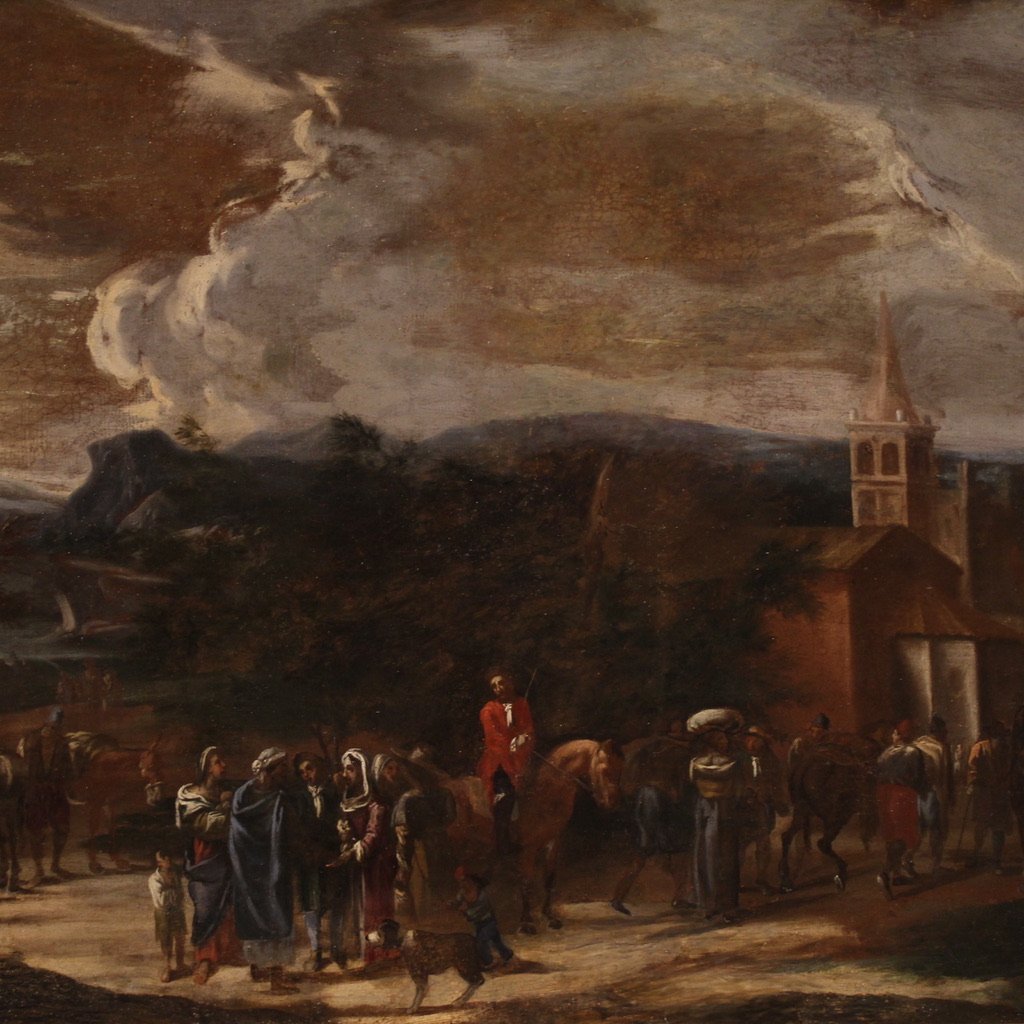 Grand Tableau De Paysage Italien Avec Personnages Du 18ème Siècle-photo-4