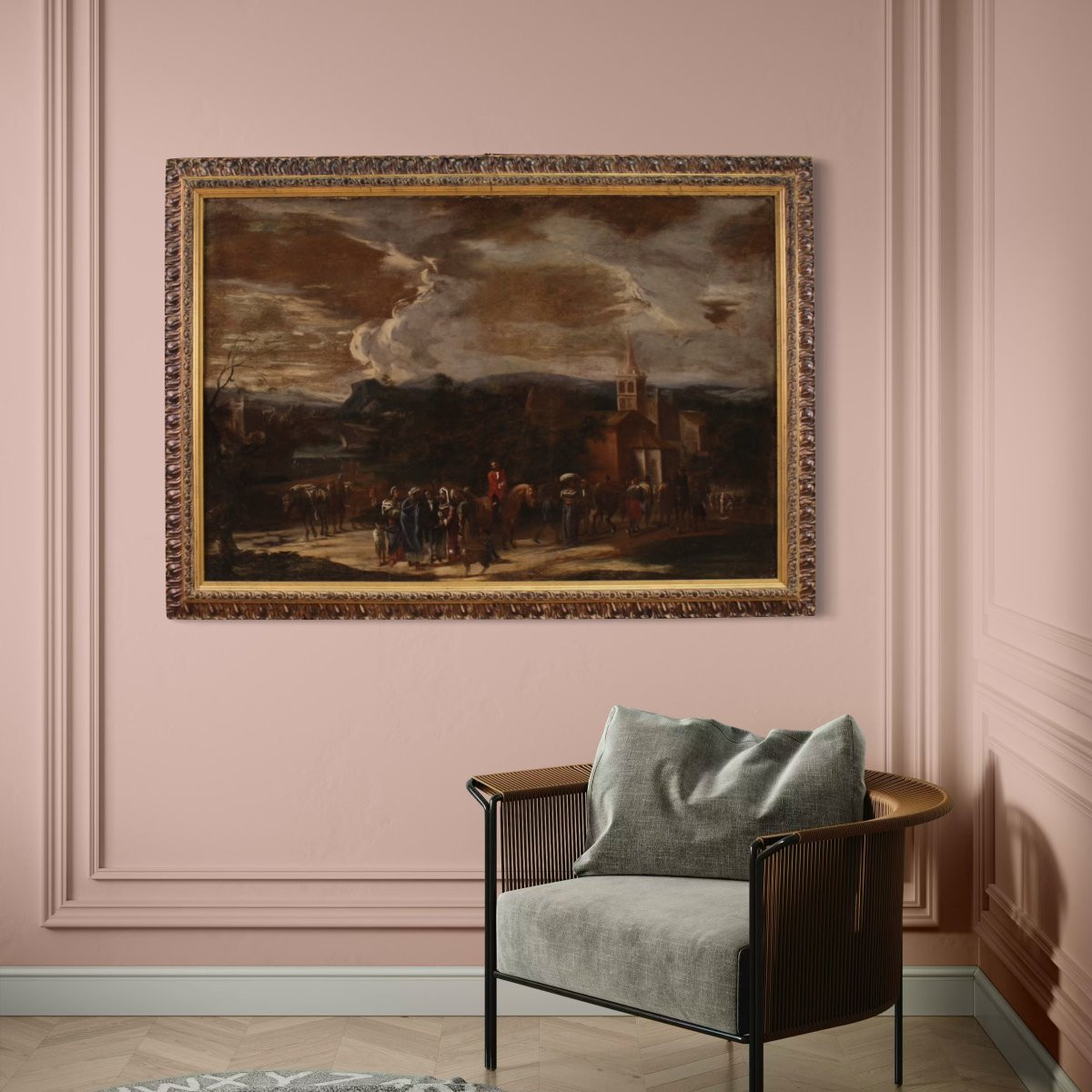 Grand Tableau De Paysage Italien Avec Personnages Du 18ème Siècle-photo-1
