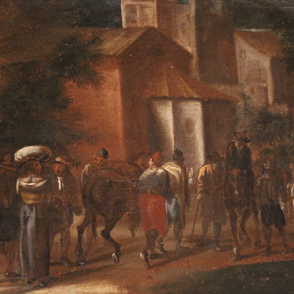 Grand Tableau De Paysage Italien Avec Personnages Du 18ème Siècle-photo-6