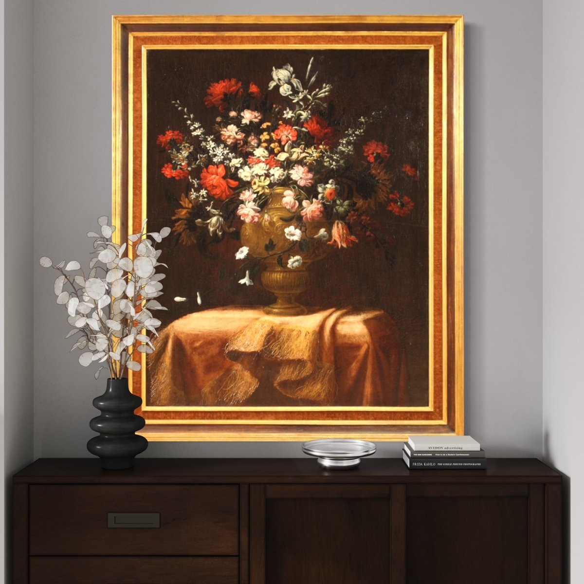 Ancien tableau du 17ème siècle, nature morte au vase de fleurs-photo-3