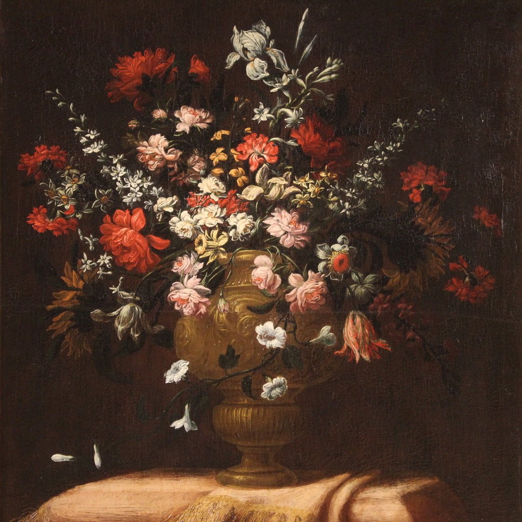Ancien tableau du 17ème siècle, nature morte au vase de fleurs-photo-4