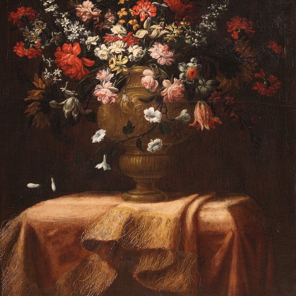Ancien tableau du 17ème siècle, nature morte au vase de fleurs-photo-1