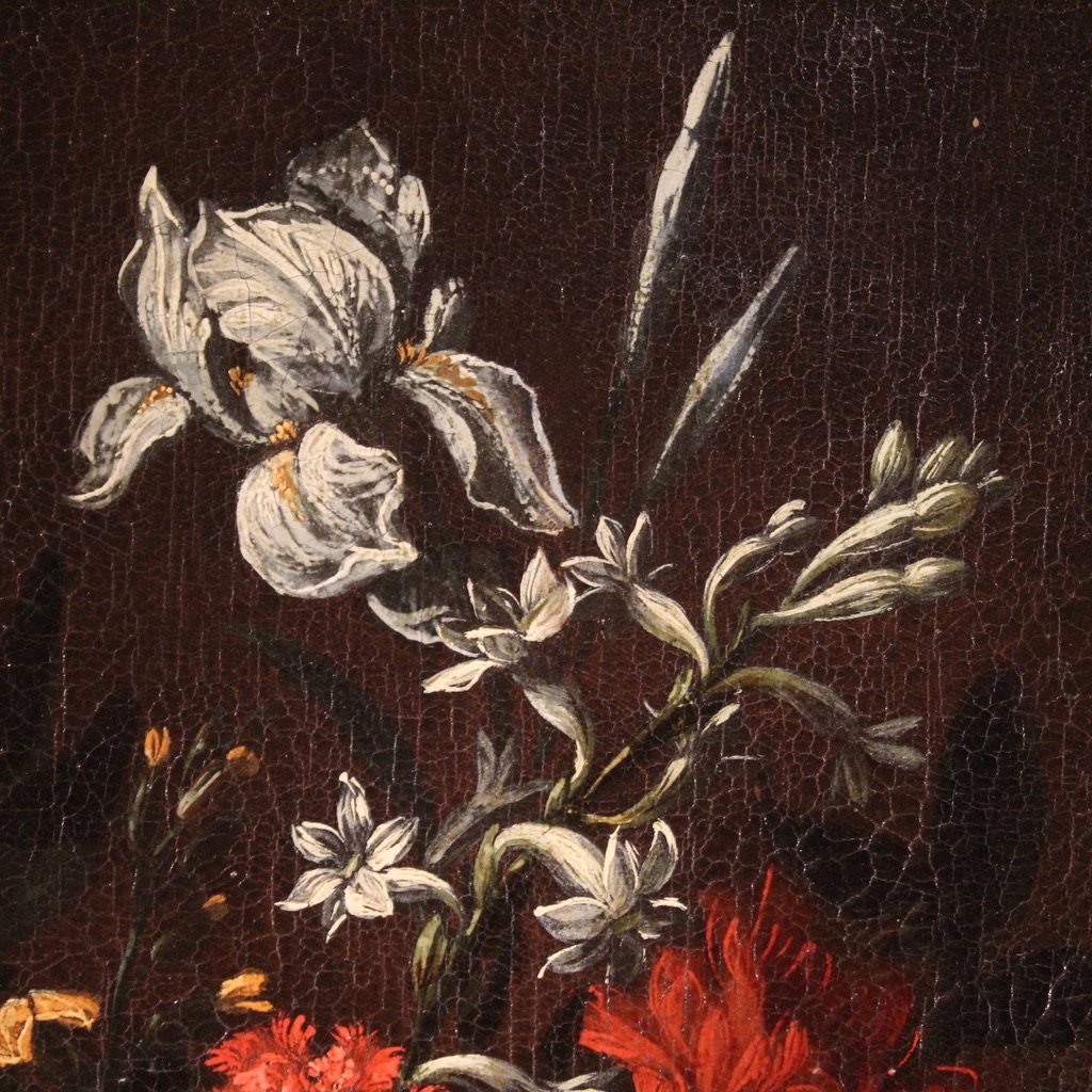 Ancien tableau du 17ème siècle, nature morte au vase de fleurs-photo-2