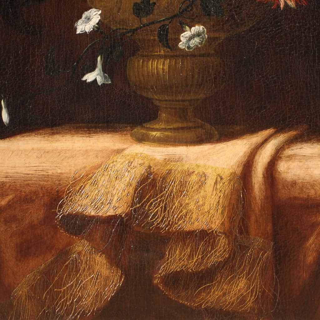 Ancien tableau du 17ème siècle, nature morte au vase de fleurs-photo-4
