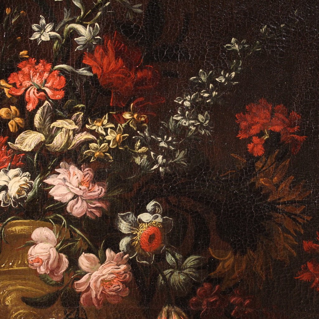 Ancien tableau du 17ème siècle, nature morte au vase de fleurs-photo-7