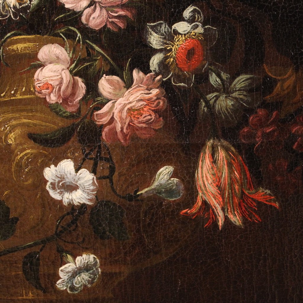 Ancien tableau du 17ème siècle, nature morte au vase de fleurs-photo-8