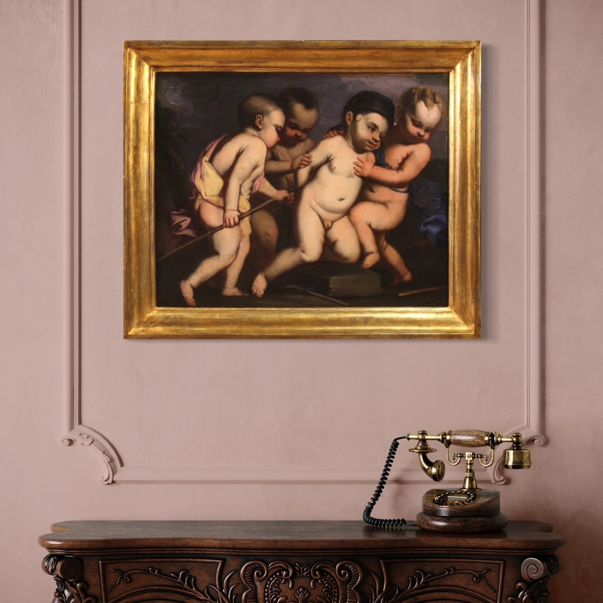 Tableau ancien italien jeux de chérubins du 17ème siècle-photo-2