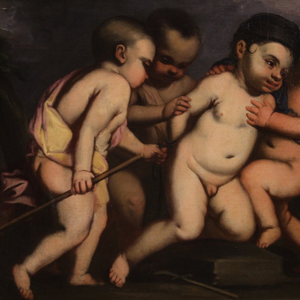 Tableau ancien italien jeux de chérubins du 17ème siècle-photo-1