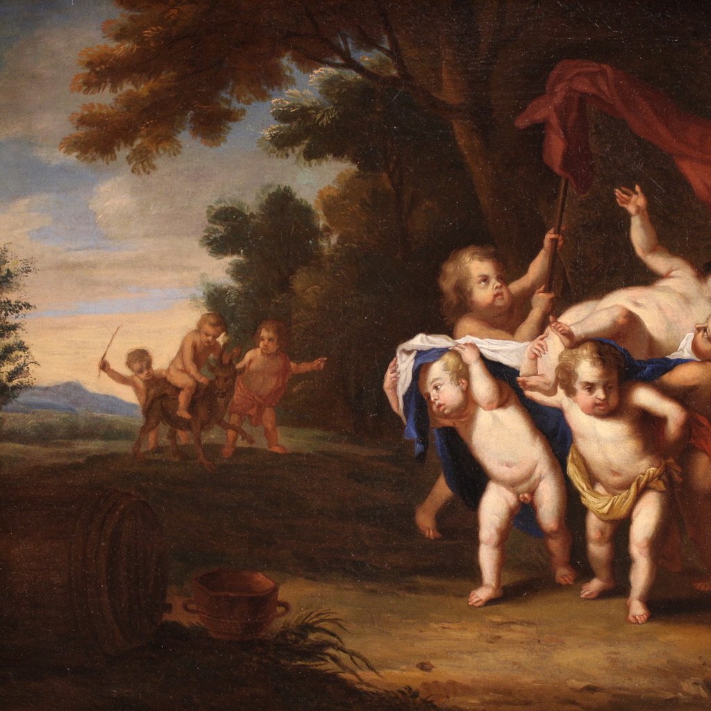 Peinture flamande antique du 18ème siècle, Bacchanale-photo-4