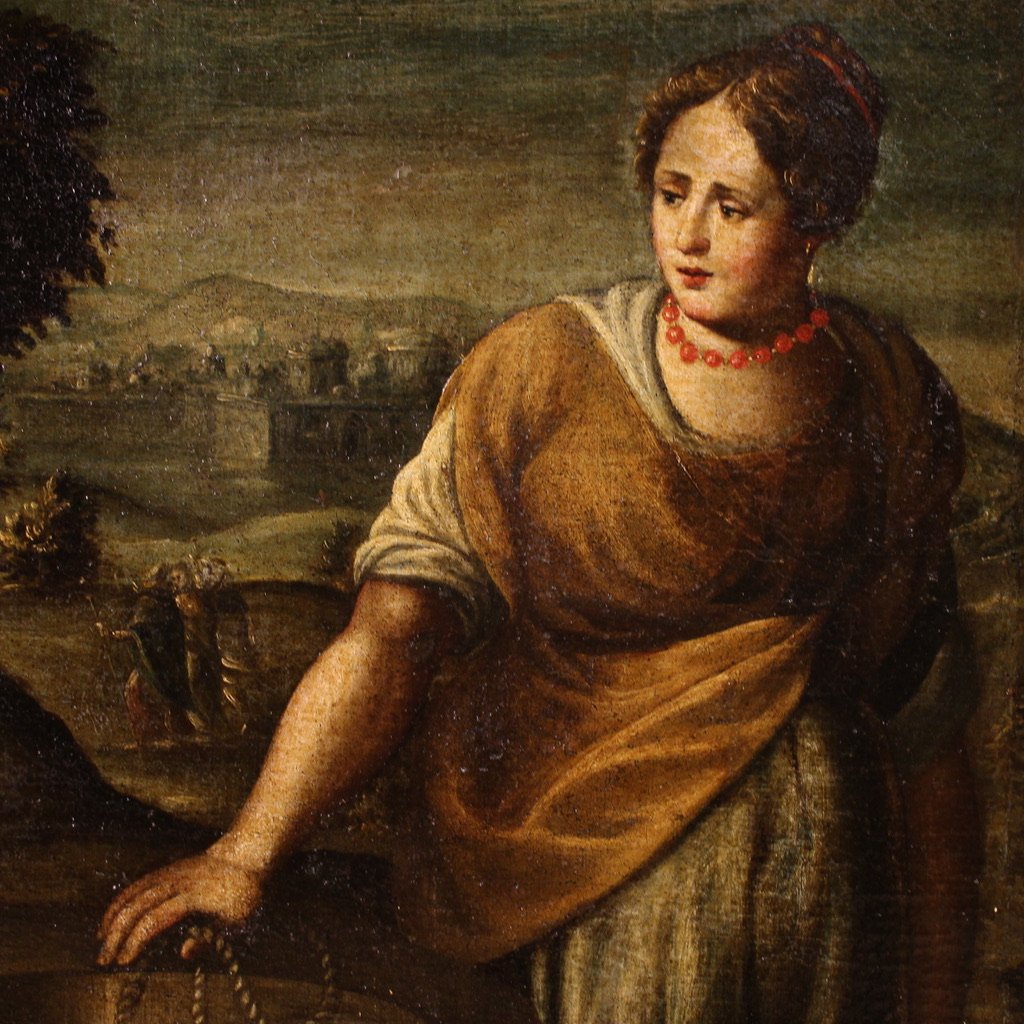 Peinture italienne ancienne Christ et la Samaritaine au puits du 17ème siècle-photo-1