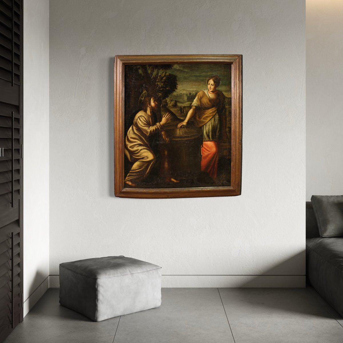 Peinture italienne ancienne Christ et la Samaritaine au puits du 17ème siècle-photo-2