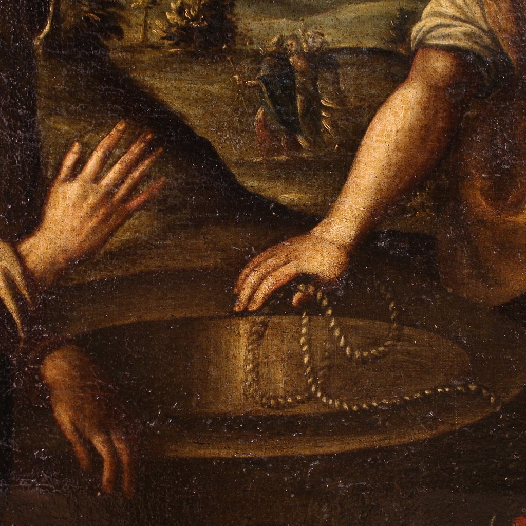 Peinture italienne ancienne Christ et la Samaritaine au puits du 17ème siècle-photo-3