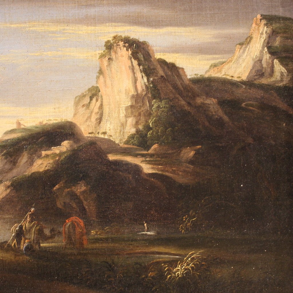 Antique Landscape Painting With Men-at-arms From The 17th Century-photo-4