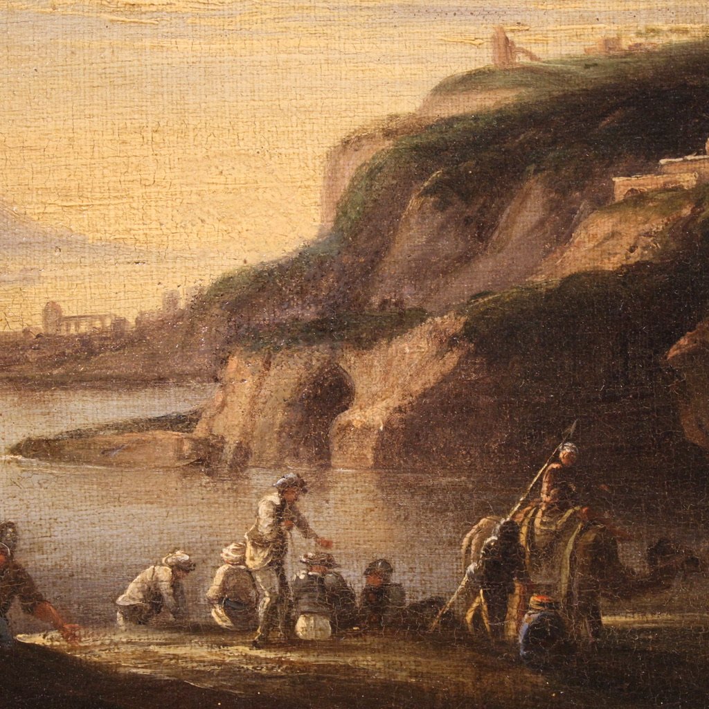 Antique Landscape Painting With Men-at-arms From The 17th Century-photo-6