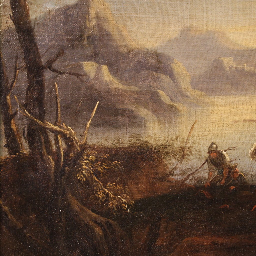 Antique Landscape Painting With Men-at-arms From The 17th Century-photo-8