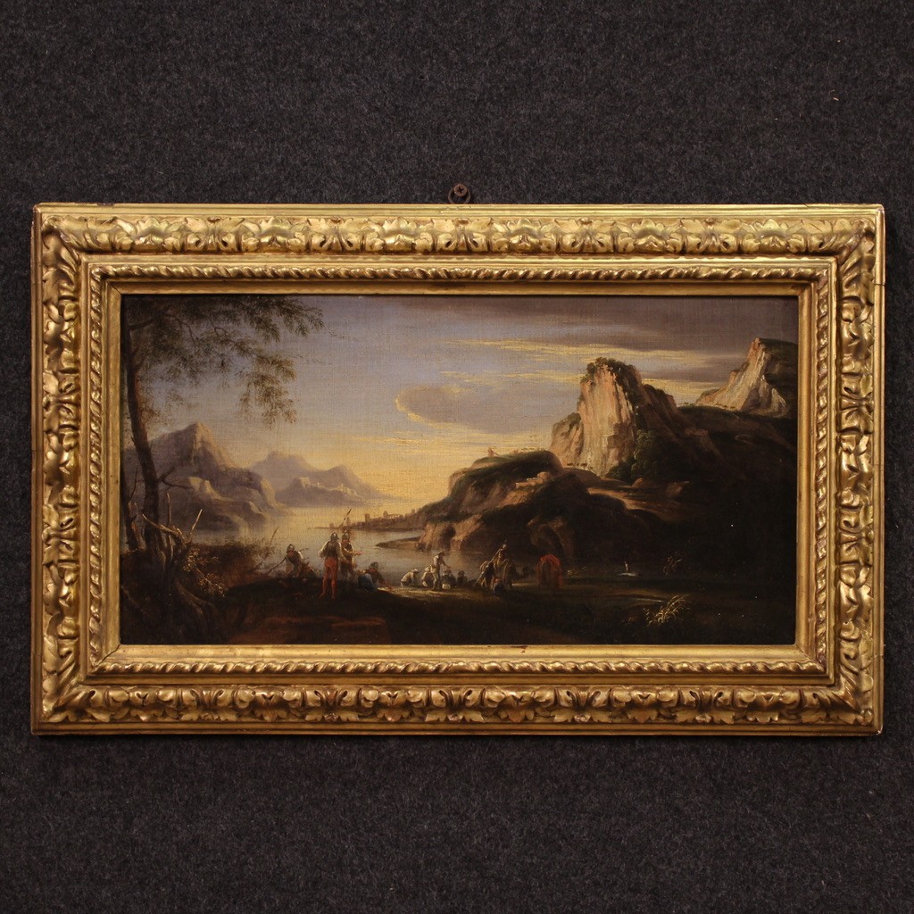 Antique Landscape Painting With Men-at-arms From The 17th Century