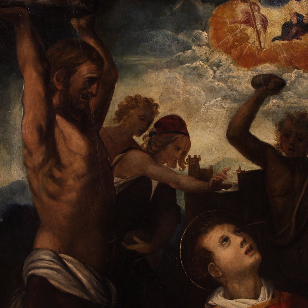 Grand tableau ancien sur panneau du 17ème siècle, Le Martyre de Saint Etienne-photo-6