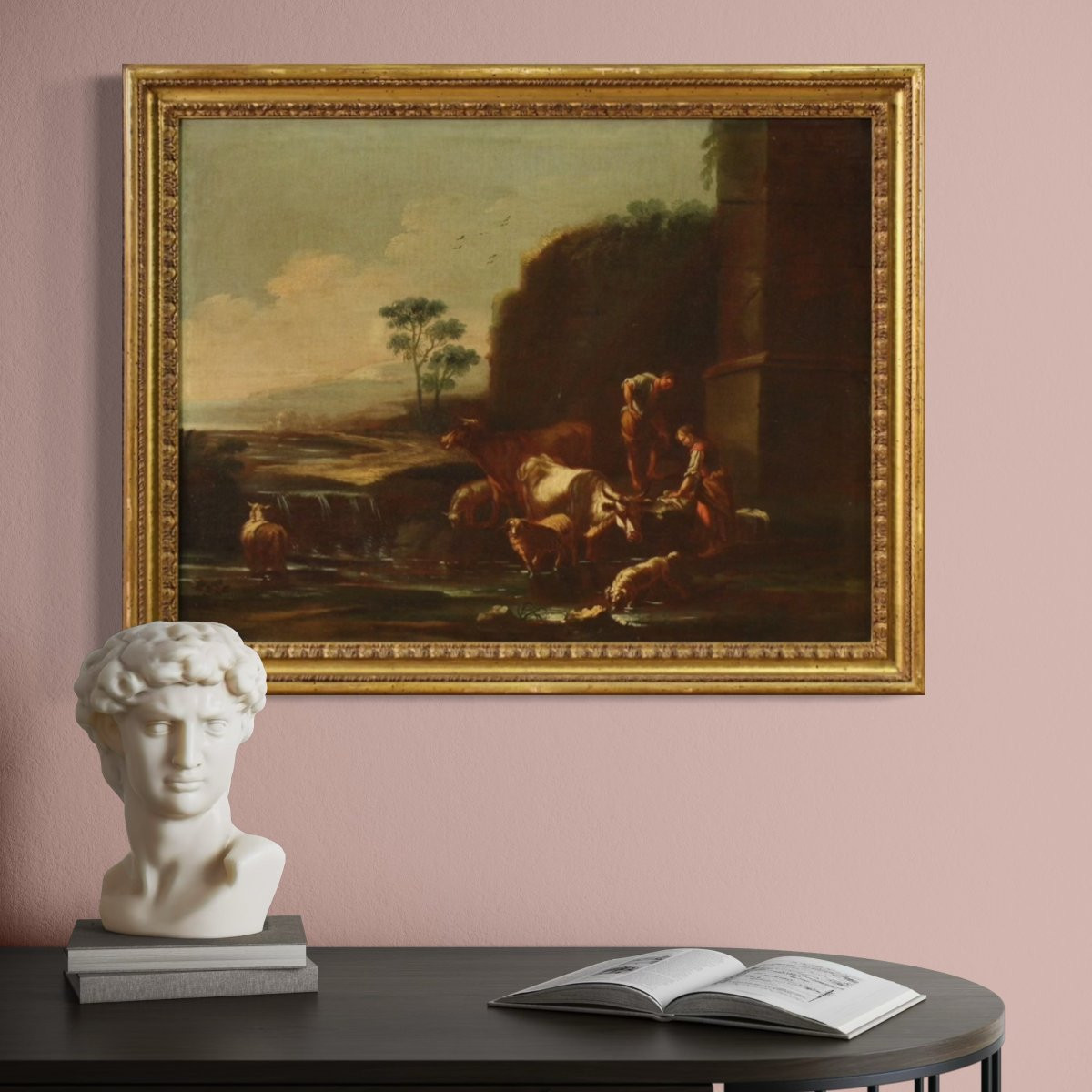 Peinture de l'école romaine du 17ème siècle, paysage avec scène pastorale-photo-1