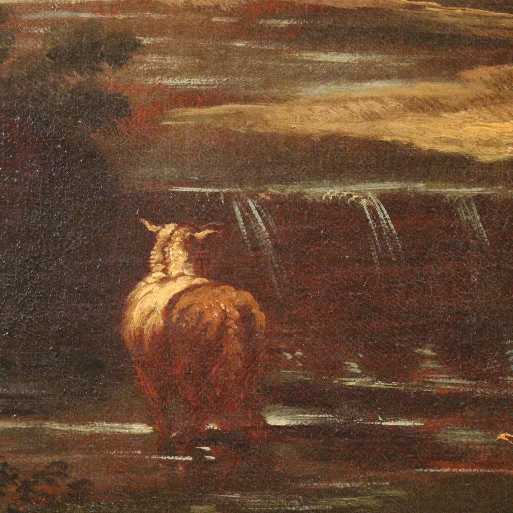 Peinture de l'école romaine du 17ème siècle, paysage avec scène pastorale-photo-6